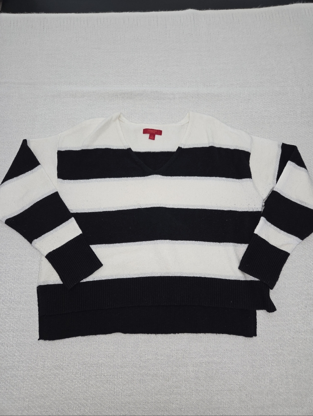Jennifer Lopez Black & White Striped V-Neck Sweater